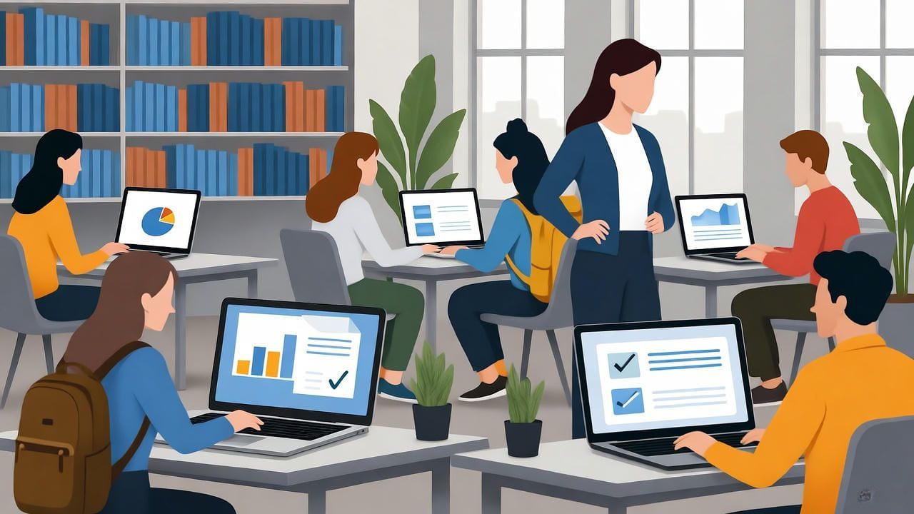 Students and teacher in a modern classroom or library working on laptops displaying charts, graphs, and reports, representing digital learning, academic collaboration, and data-driven education in a technology-integrated study environment.